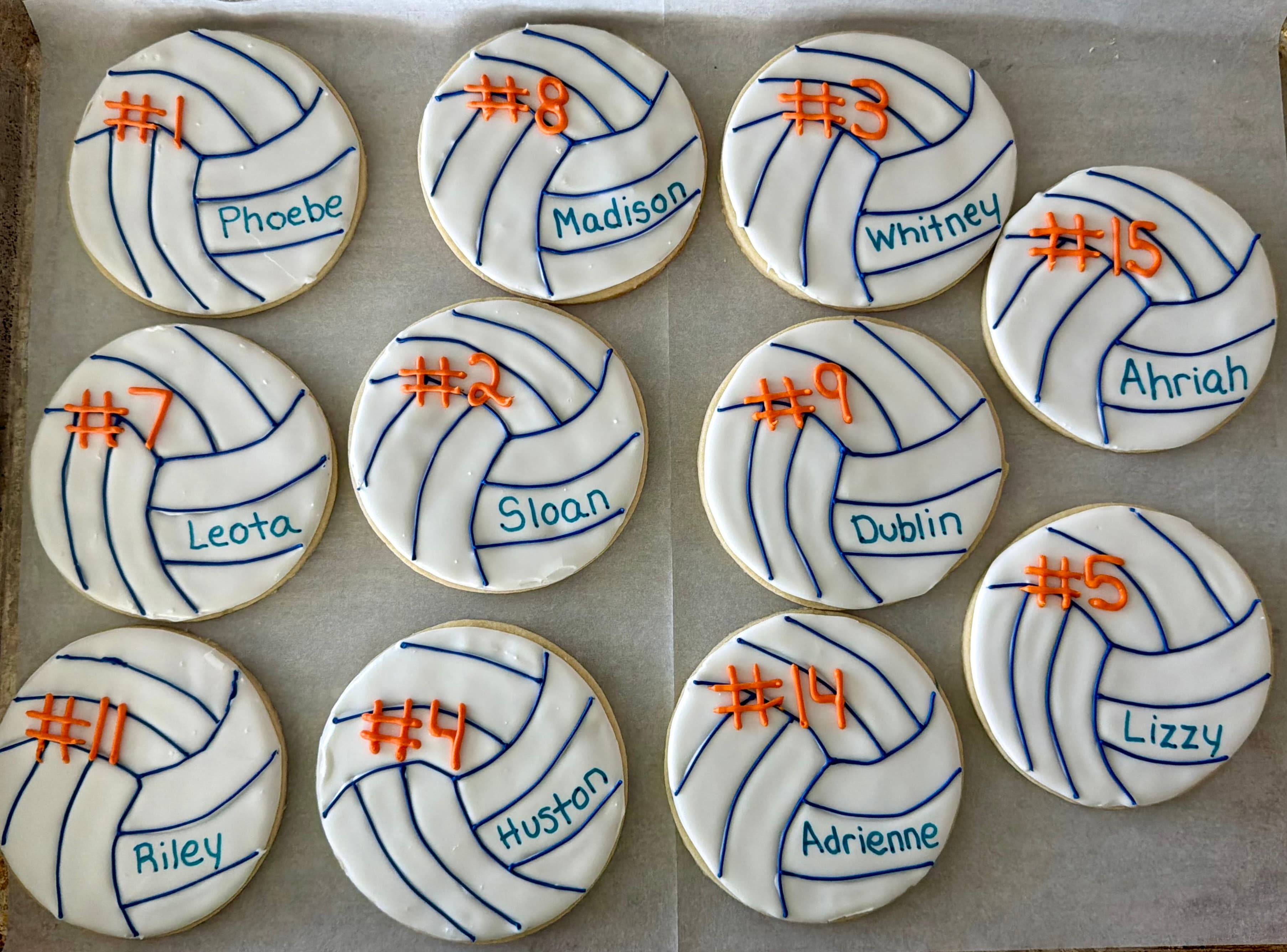 Custom water polo team sugar cookies with players' names and numbers